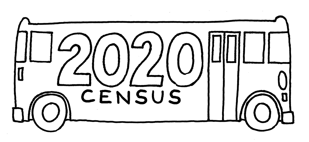 A hand drawn black and white bus with 2020 census written on the side