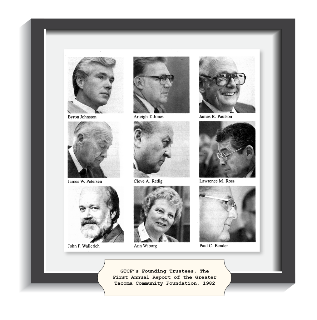 A photo frame with black and white pictures of the nine founding Trustees of GTCF, Byron Johnston, Arleigh T Jones, James R Paulson, James W Peterson, Cleve A Redig, Lawrence M Ross, John P Wallerich, Ann Wiborg, Paul C Bender