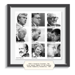 A photo frame with black and white pictures of the nine founding Trustees of GTCF, Byron Johnston, Arleigh T Jones, James R Paulson, James W Peterson, Cleve A Redig, Lawrence M Ross, John P Wallerich, Ann Wiborg, Paul C Bender