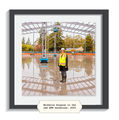 Michelle Douglas in the Emergency Food Network's new warehouse as it was being built, 2023. GTCF supported the construction through a bridge loan guaranty program.