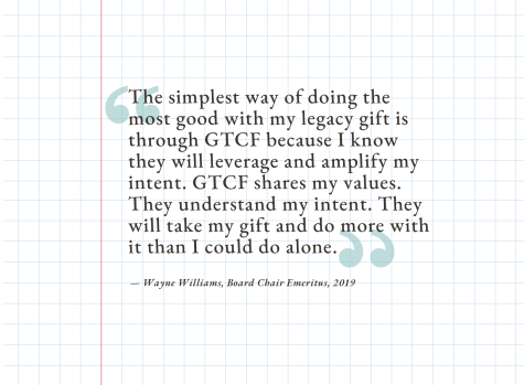 “The simplest way of doing the most good with my legacy gift is through GTCF because I know they will leverage and amplify my intent. GTCF shares my values. They understand my intent. They will take my gift and do more with it than I could do alone.” – Wayne Williams, Board Chair Emeritus, 2019