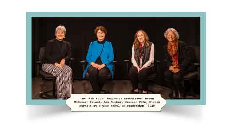 On the set of a panel conversation with longtime local nonprofit executives Helen McGovern Pilant, Liz Dunbar, Maureen Fife, and Miriam Barnett, also known "The Fab Four"